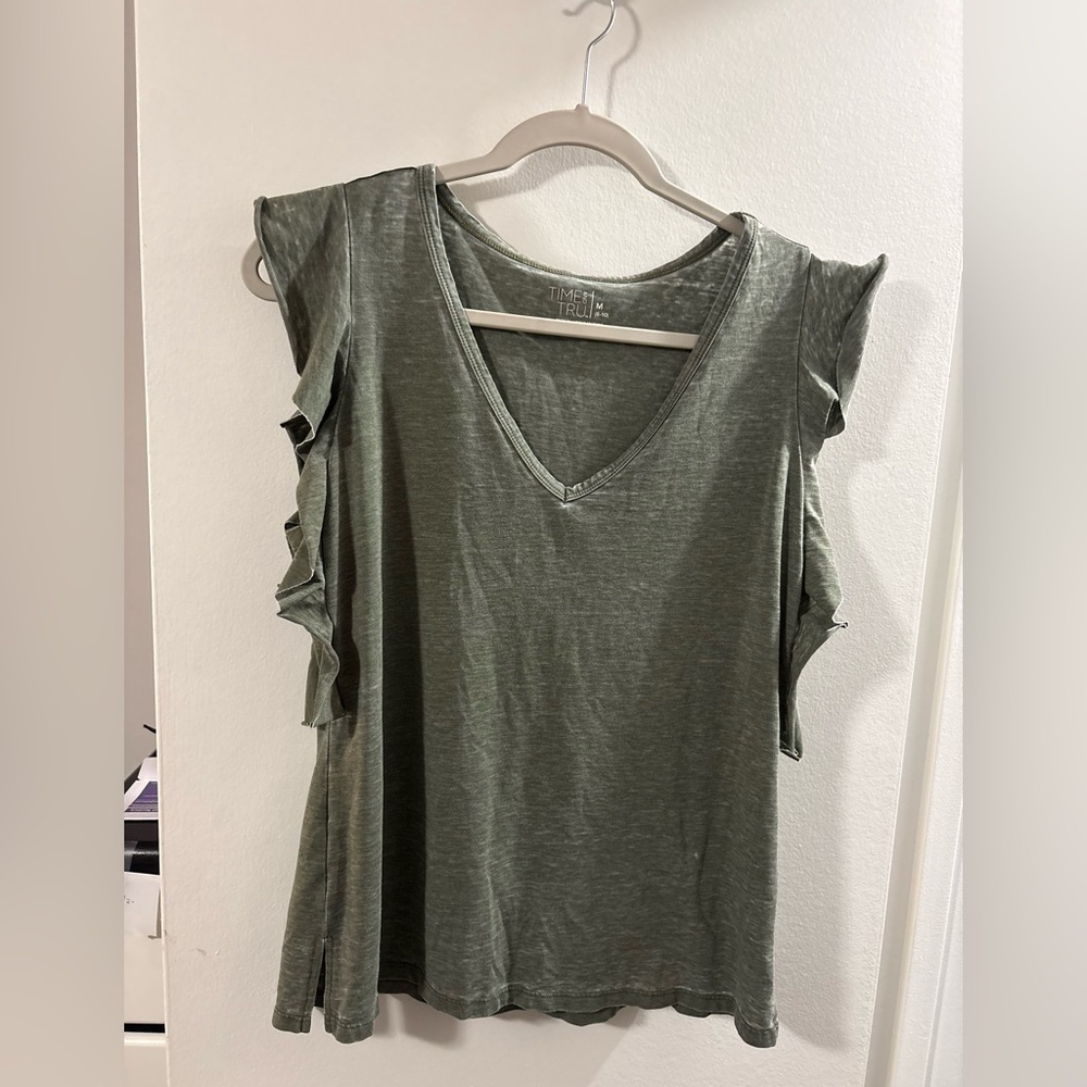 Time and Tru Women's Olive Ruffle Sleeve Muscle Tee